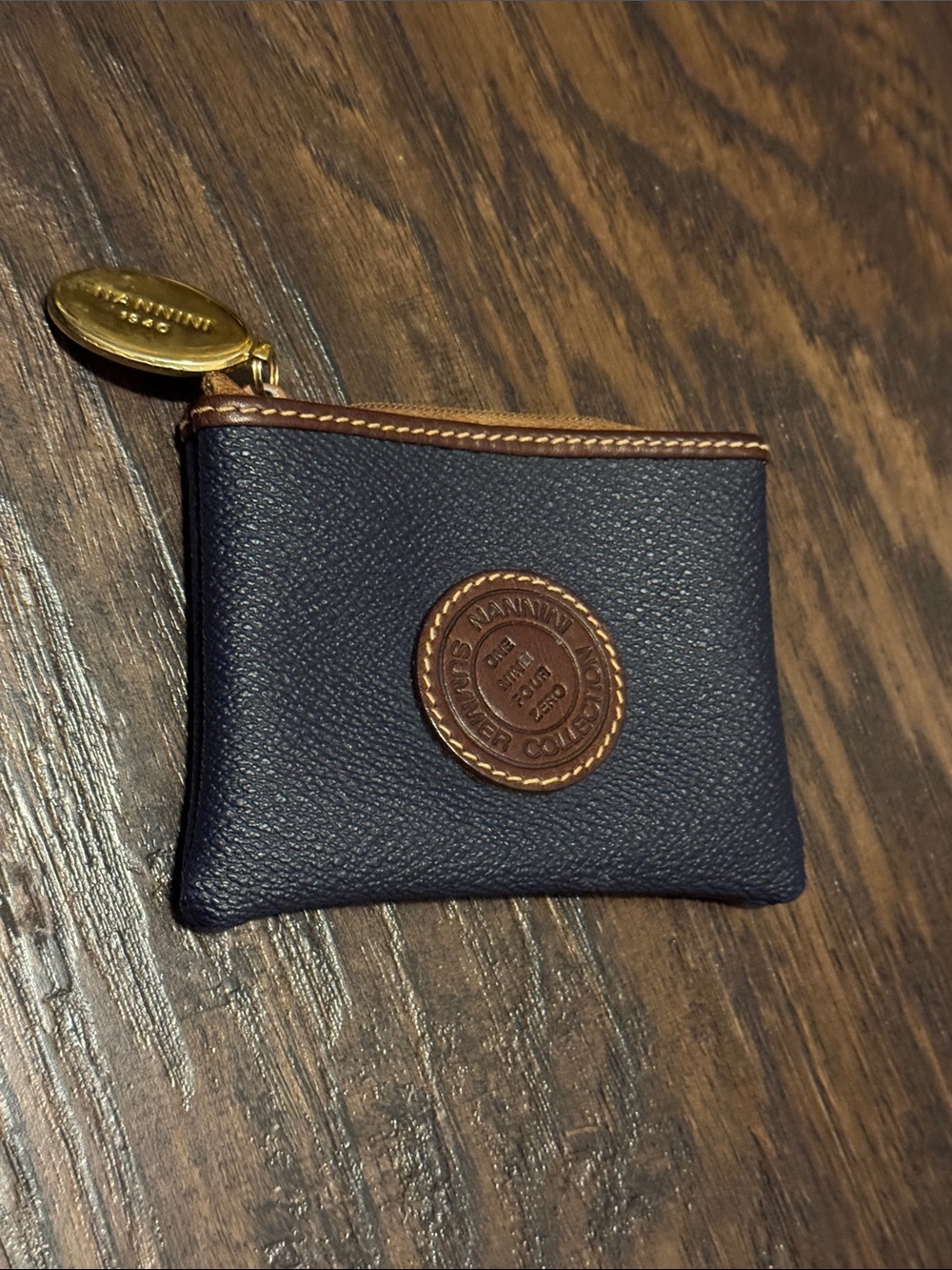 Nannini Navy Leather Coin Pouch with Brown Trim